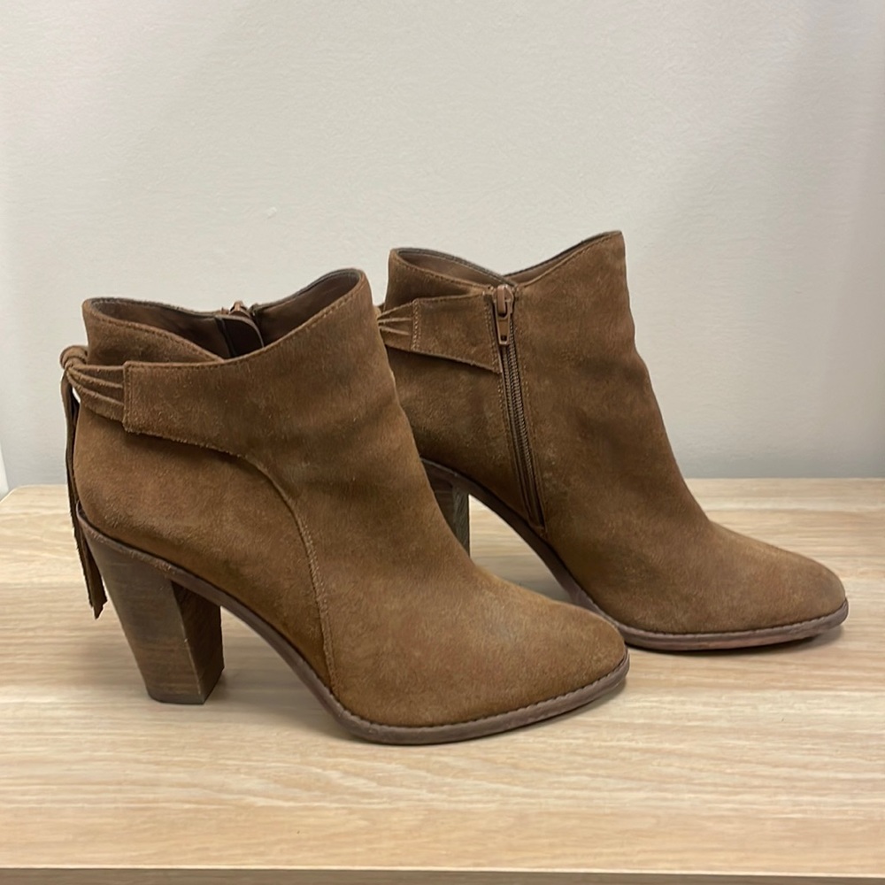 Brown Suede Heeled Booties with Fringe Tassles | Vince Camuto
